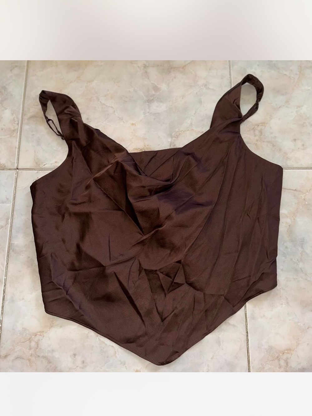 NWT Satin Brown Handkerchief Hem Cowl Neck Top